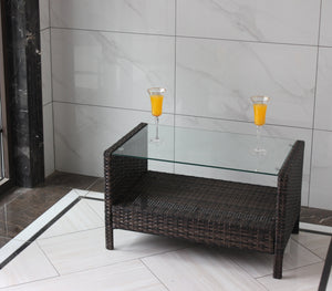 English Elm Outdoor Patio Coffee Table Brown Wicker PE Rattan Steel Frame Tempered Glass 32.3"L Weatherproof Elegance W20967099