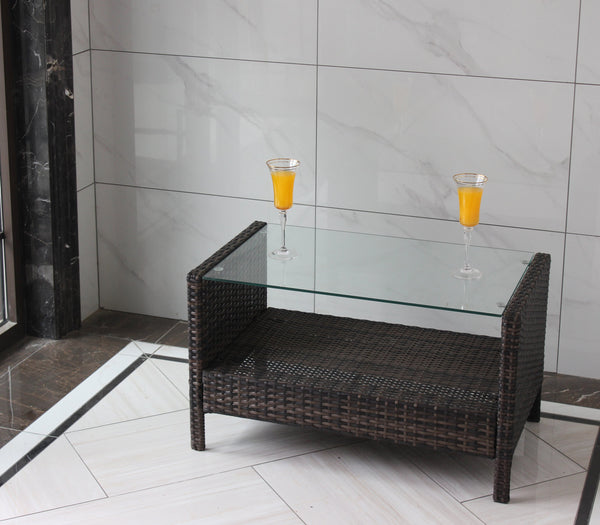 English Elm Outdoor Patio Coffee Table Brown Wicker PE Rattan Steel Frame Tempered Glass 32.3"L Weatherproof Elegance W20967099