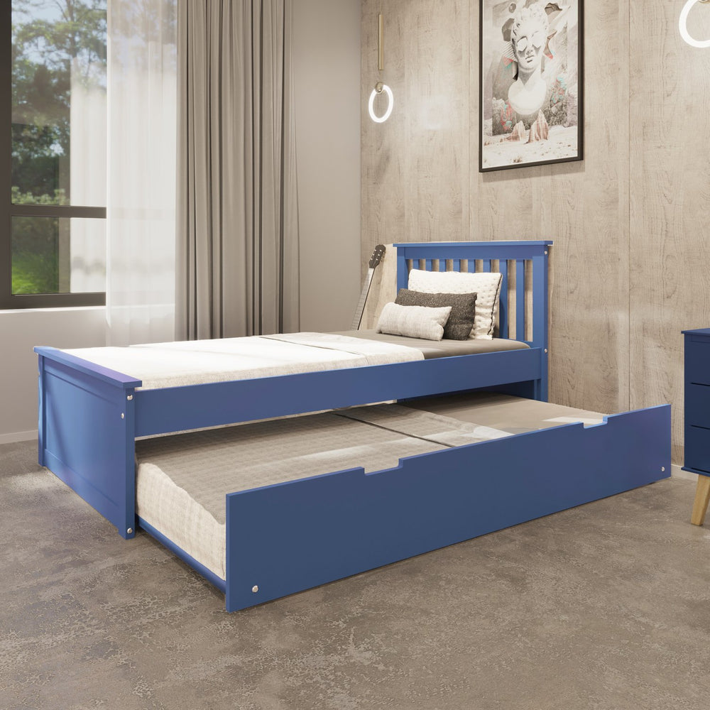 English Elm Blue Solid Wood Twin Trundle Bed with White Finish — Durable Brazilian Made Space-Saving Design B03791638