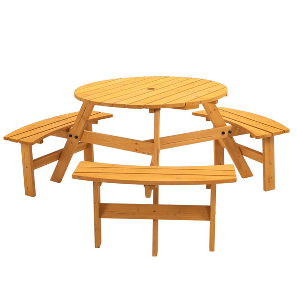 English Elm 6-person Round Outdoor Fir Wood Picnic Table with Three Built-in Curved Benches W1422122467