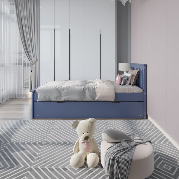 English Elm Blue Solid Wood Twin Trundle Bed with White Finish — Durable Brazilian Made Space-Saving Design B03791638