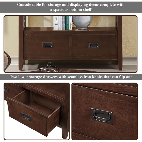 English Elm 36'' Pine Wood Farmhouse Console Table with Four Drawers and Open Shelf for Entryway W120290510