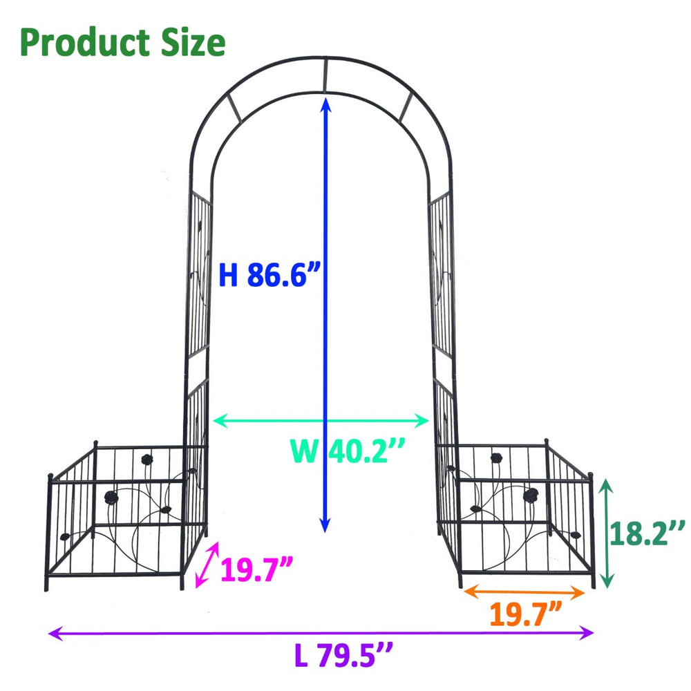 English Elm Metal Garden Arch with Planter Stands Powder Coated Steel Climbing Rose Support W158681135