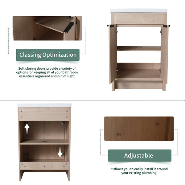 English Elm (KD-PACKING)24 Inch Freestanding Vanity with White Resin Sink, Soft-Close Doors, Adjustable Shelf, Durable Eco Plywood Finish W999S00073