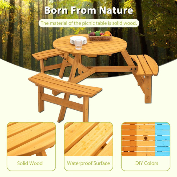 English Elm 6-person Round Outdoor Fir Wood Picnic Table with Three Built-in Curved Benches W1422122467