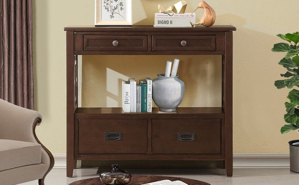 English Elm 36'' Pine Wood Farmhouse Console Table with Four Drawers and Open Shelf for Entryway W120290510