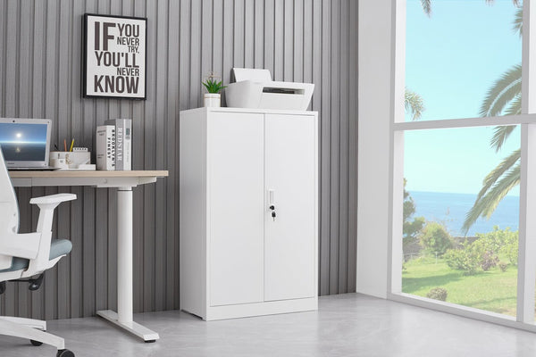 English Elm White Powder-coated Metal Locker Cabinet with Locking Doors and Adjustable Shelving W124757865