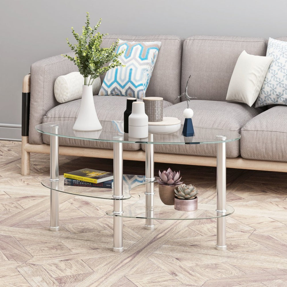 English Elm Transparent Three Tier Oval Tempered Glass Coffee Table with Polished Steel Legs W24164019
