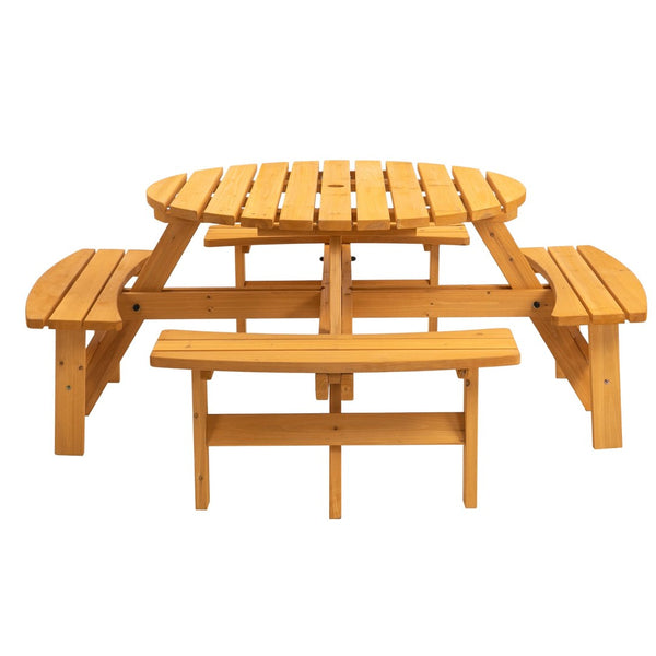 English Elm 8 Person Round Fir Wood Picnic Table with Four Curved Built-in Benches Outdoor W1422S00020