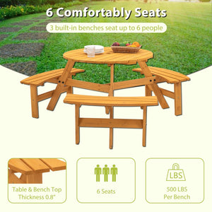 English Elm 6-person Round Outdoor Fir Wood Picnic Table with Three Built-in Curved Benches W1422122467