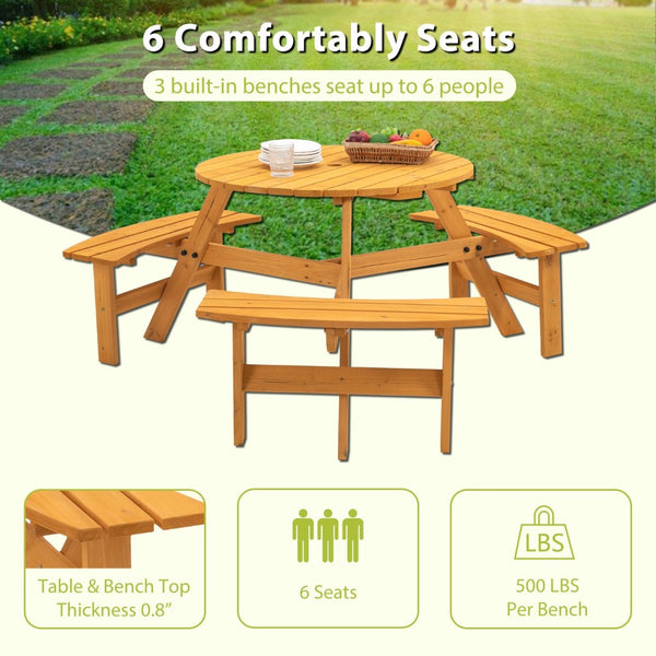 English Elm 6-person Round Outdoor Fir Wood Picnic Table with Three Built-in Curved Benches W1422122467