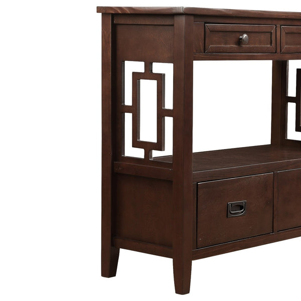 English Elm 36'' Pine Wood Farmhouse Console Table with Four Drawers and Open Shelf for Entryway W120290510