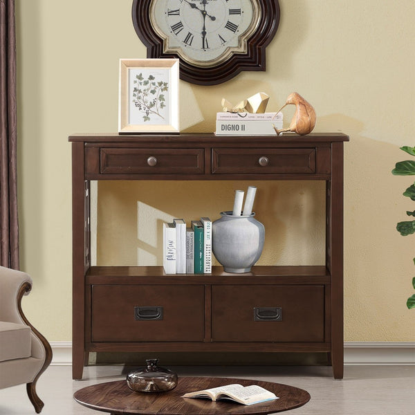 English Elm 36'' Pine Wood Farmhouse Console Table with Four Drawers and Open Shelf for Entryway W120290510