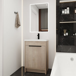 English Elm (KD-PACKING)24 Inch Freestanding Vanity with White Resin Sink, Soft-Close Doors, Adjustable Shelf, Durable Eco Plywood Finish W999S00073