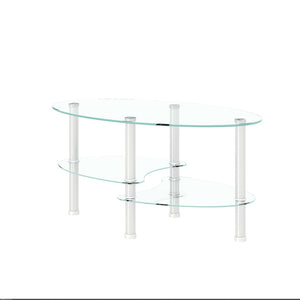 English Elm Transparent Three Tier Oval Tempered Glass Coffee Table with Polished Steel Legs W24164019