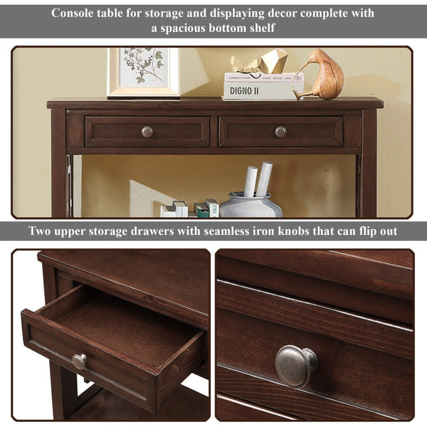 English Elm 36'' Pine Wood Farmhouse Console Table with Four Drawers and Open Shelf for Entryway W120290510