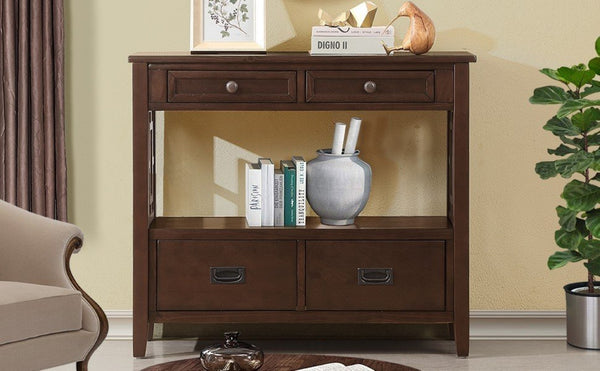 English Elm 36'' Pine Wood Farmhouse Console Table with Four Drawers and Open Shelf for Entryway W120290510