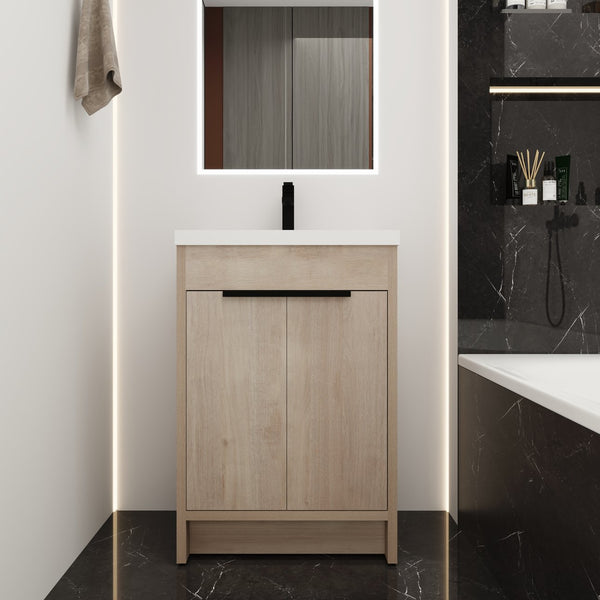 English Elm (KD-PACKING)24 Inch Freestanding Vanity with White Resin Sink, Soft-Close Doors, Adjustable Shelf, Durable Eco Plywood Finish W999S00073