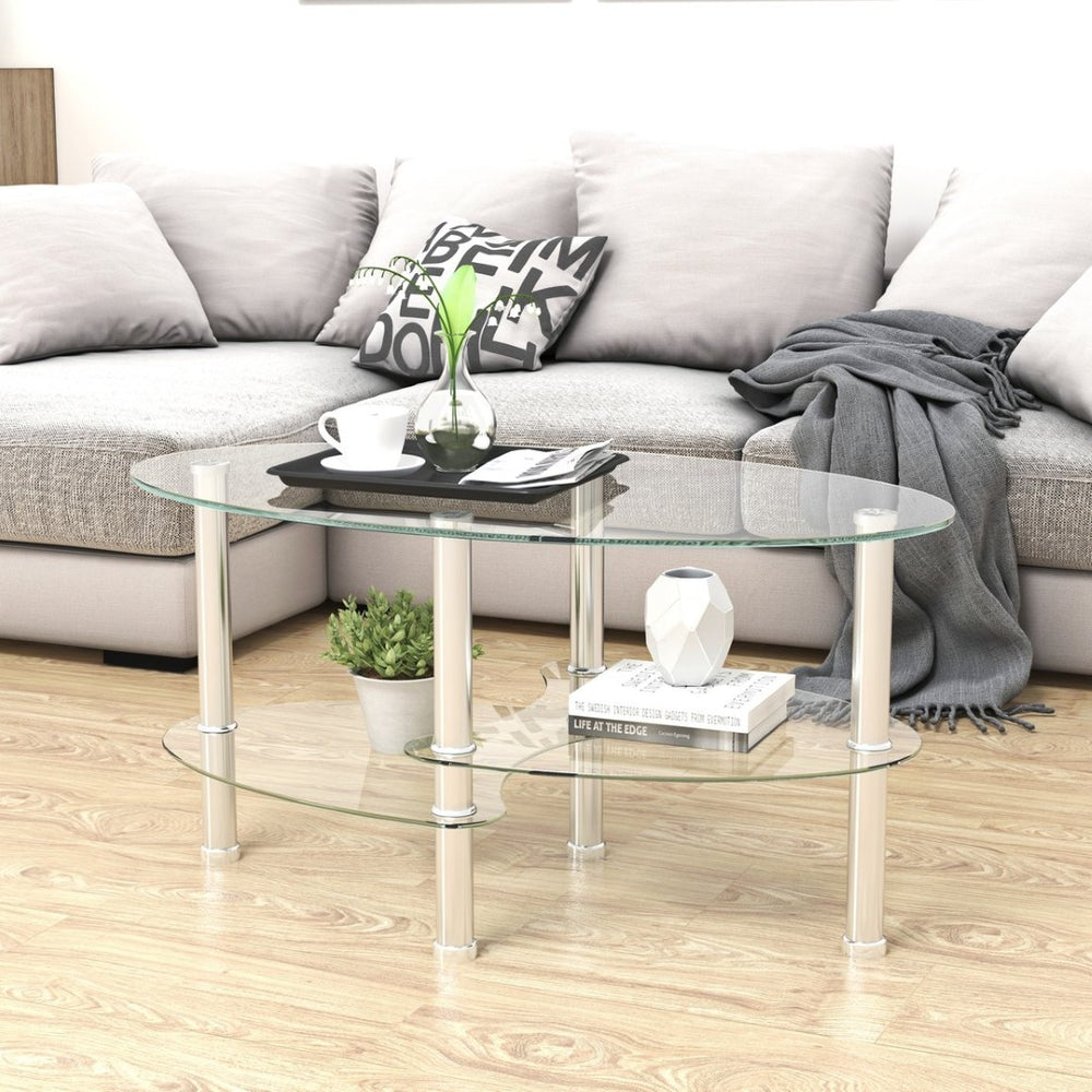 English Elm Transparent Three Tier Oval Tempered Glass Coffee Table with Polished Steel Legs W24164019