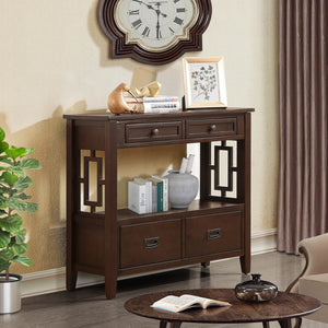 English Elm 36'' Pine Wood Farmhouse Console Table with Four Drawers and Open Shelf for Entryway W120290510
