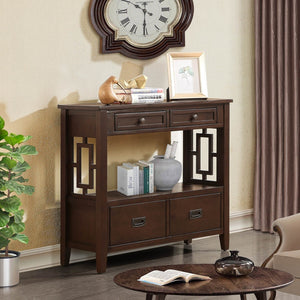 English Elm 36'' Pine Wood Farmhouse Console Table with Four Drawers and Open Shelf for Entryway W120290510