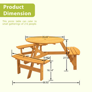 English Elm 6-person Round Outdoor Fir Wood Picnic Table with Three Built-in Curved Benches W1422122467