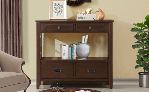 English Elm 36'' Pine Wood Farmhouse Console Table with Four Drawers and Open Shelf for Entryway W120290510