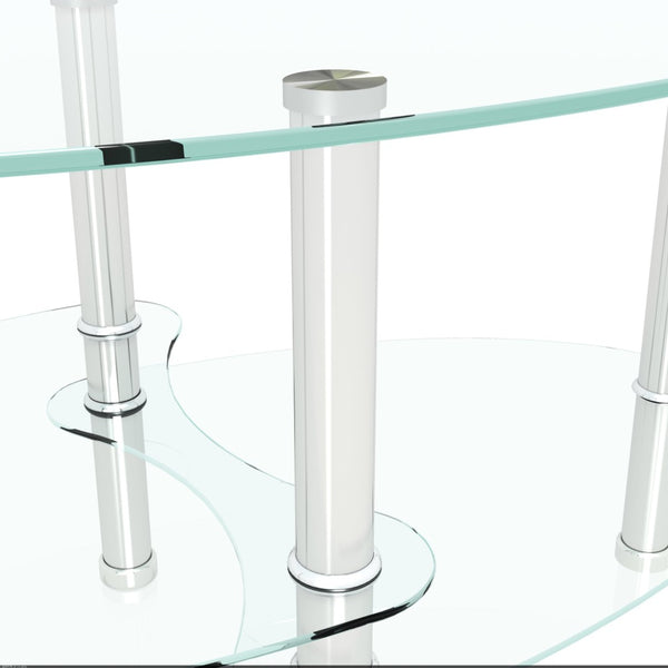 English Elm Transparent Three Tier Oval Tempered Glass Coffee Table with Polished Steel Legs W24164019