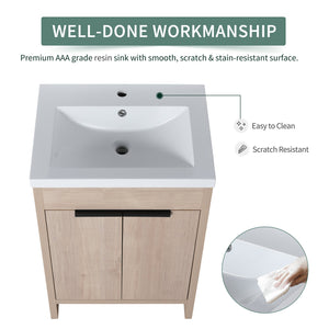 English Elm (KD-PACKING)24 Inch Freestanding Vanity with White Resin Sink, Soft-Close Doors, Adjustable Shelf, Durable Eco Plywood Finish W999S00073