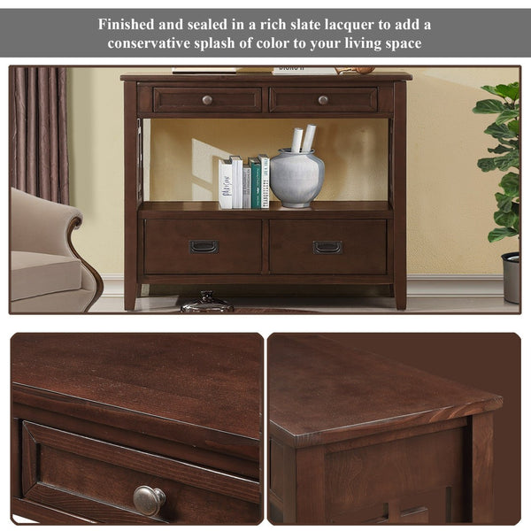 English Elm 36'' Pine Wood Farmhouse Console Table with Four Drawers and Open Shelf for Entryway W120290510