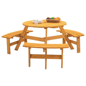 English Elm 6-person Round Outdoor Fir Wood Picnic Table with Three Built-in Curved Benches W1422122467