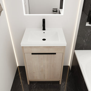 English Elm (KD-PACKING)24 Inch Freestanding Vanity with White Resin Sink, Soft-Close Doors, Adjustable Shelf, Durable Eco Plywood Finish W999S00073