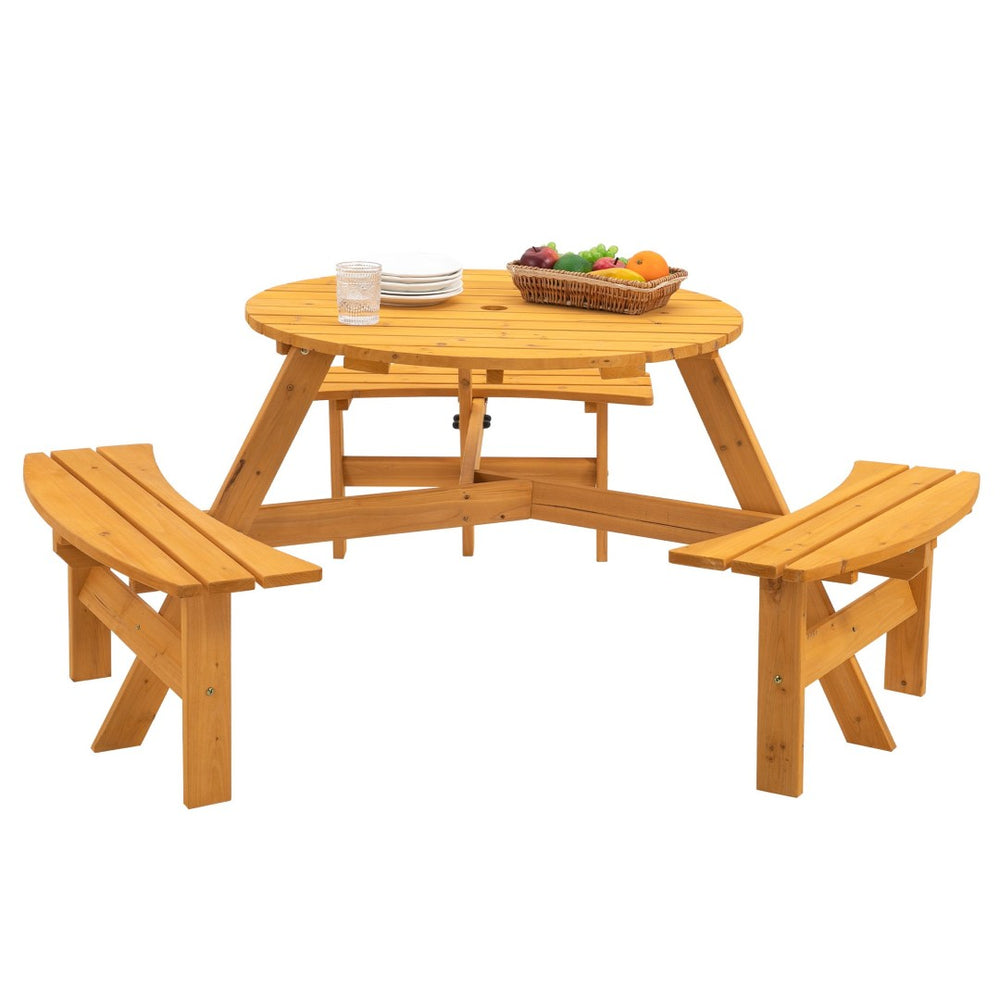 English Elm 6-person Round Outdoor Fir Wood Picnic Table with Three Built-in Curved Benches W1422122467