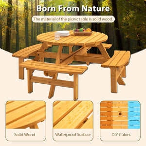 English Elm 8 Person Round Fir Wood Picnic Table with Four Curved Built-in Benches Outdoor W1422S00020
