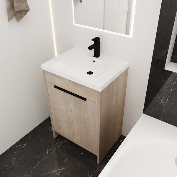 English Elm (KD-PACKING)24 Inch Freestanding Vanity with White Resin Sink, Soft-Close Doors, Adjustable Shelf, Durable Eco Plywood Finish W999S00073