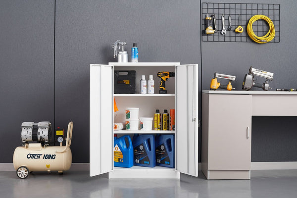 English Elm White Powder-coated Metal Locker Cabinet with Locking Doors and Adjustable Shelving W124757865