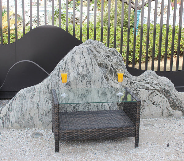 English Elm Outdoor Patio Coffee Table Brown Wicker PE Rattan Steel Frame Tempered Glass 32.3"L Weatherproof Elegance W20967099