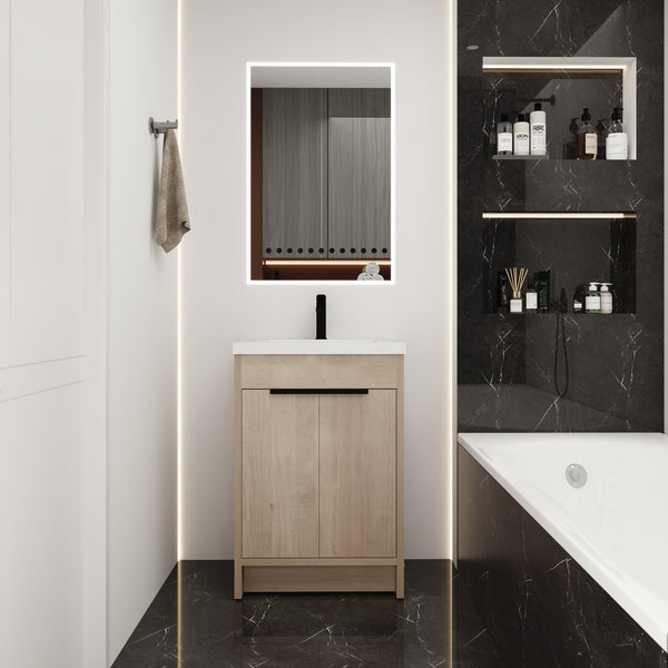 English Elm (KD-PACKING)24 Inch Freestanding Vanity with White Resin Sink, Soft-Close Doors, Adjustable Shelf, Durable Eco Plywood Finish W999S00073