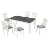 English Elm Trexm Retro Style 7-Piece Dining Table Set With Extendable Table and 6 Upholstered Chairs (Gray+White)