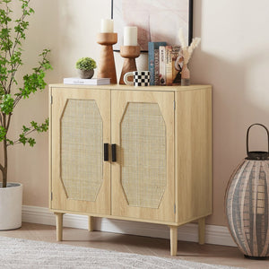 English Elm Kitchen Natural Rattan Door Storage Cabinet Buffet Console with Wine Shelf, 31.5" W x15.8" D x34.6" H, 150LB Top Capacity W1162127385