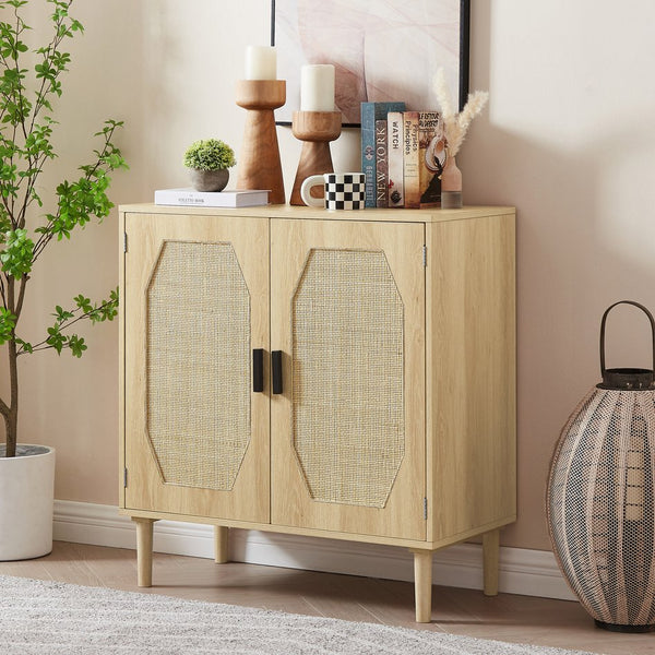 English Elm Kitchen Natural Rattan Door Storage Cabinet Buffet Console with Wine Shelf, 31.5" W x15.8" D x34.6" H, 150LB Top Capacity W1162127385