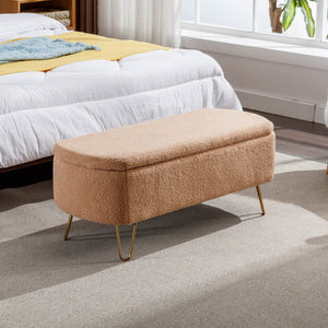 English Elm Grey Faux Fur Storage Bench with Gold Legs Plush Upholstered Seat for Bedroom Camel W117082031
