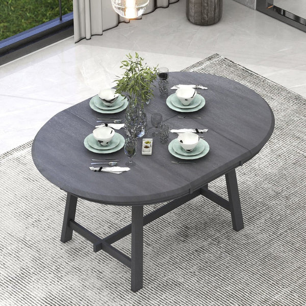 English Elm Trexm Extendable Round Dining Table Acacia Veneer Rubberwood Legs Seats up to Six Gray WF299347AAE