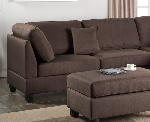 English Elm Chocolate 3-Piece Reversible Chaise Sectional Sofa with Ottoman, Linen-Like Fabric, Plush Cushions, Modern Comfort B011S00307