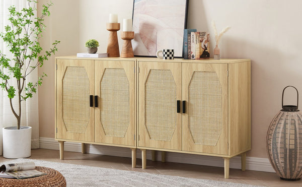 English Elm Kitchen Natural Rattan Door Storage Cabinet Buffet Console with Wine Shelf, 31.5" W x15.8" D x34.6" H, 150LB Top Capacity W1162127385
