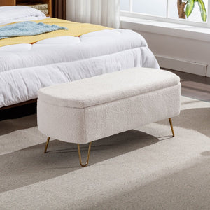 English Elm Grey Faux Fur Storage Bench with Gold Legs Plush Upholstered Seat for Bedroom Ivory W117082032