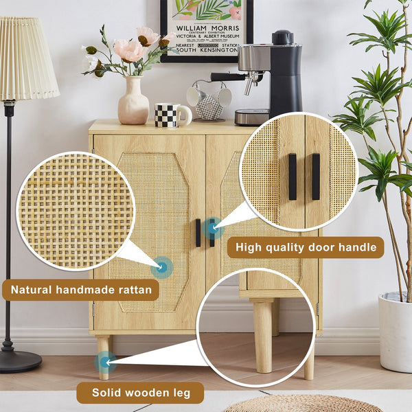 English Elm Kitchen Natural Rattan Door Storage Cabinet Buffet Console with Wine Shelf, 31.5" W x15.8" D x34.6" H, 150LB Top Capacity W1162127385