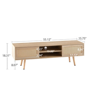 English Elm 55.12" Rattan Sliding Door Tv Console with Solid Wood Legs Natural Bohemian Storage W126573117