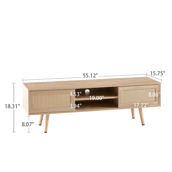 English Elm 55.12" Rattan Sliding Door Tv Console with Solid Wood Legs Natural Bohemian Storage W126573117