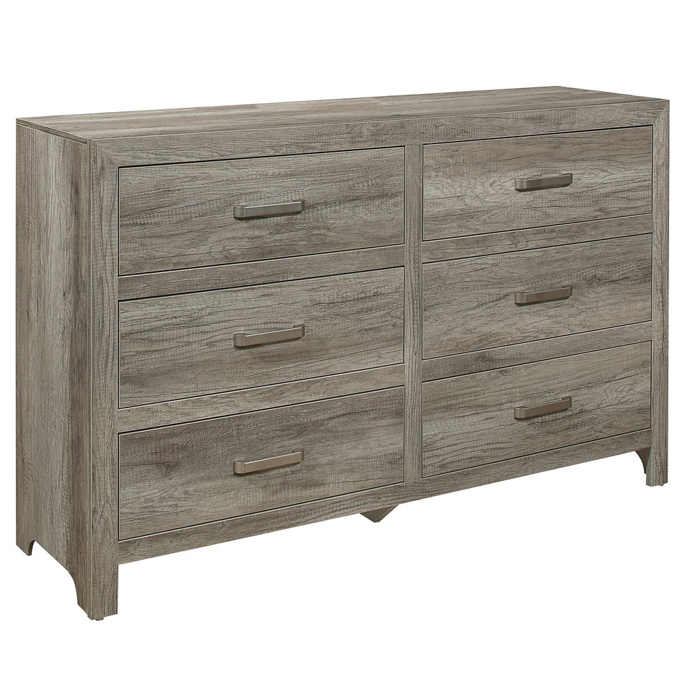 English Elm Rusticated 6-Drawer Weathered Gray Dresser 59.5" Transitional Faux Wood Veneer with Satin Nickel Bars B01191703